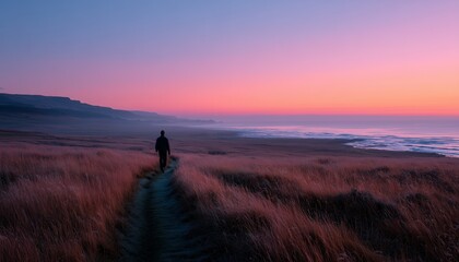 A solitary figure strolls across a serene coastal path, embraced by the vibrant hues of a breathtaking sunset.