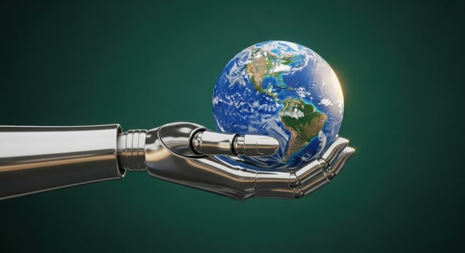 Sleek Robotic Hand Cradling Detailed Globe Symbolizing Intersection of Technology and Earth