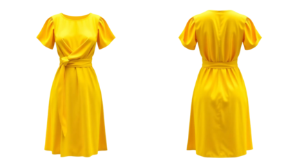 Yellow dress in front and back view, mockup isolated on transparent background