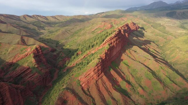 Aerial view of red rock formations, Kyrgyzstan.