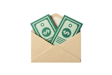 Brown envelope filled with two stylized green dollar bills isolated on transparent background