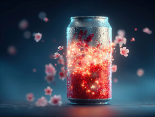 A floating soda can glows with dopamine particles in a dark background, surrounded by swirling cherry blossom petals, suggesting an evening or indoor scene The image showcases a digita - AI-Generated