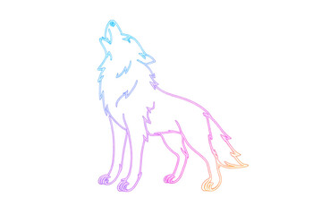 Fototapeta premium Glowing neon wolf silhouette howling, blended gradient of blue, purple, orange hues on transparent backdrop