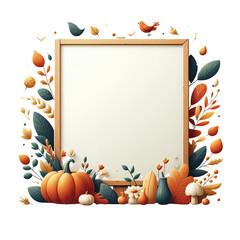 An blank frame mockup with an autumn theme for seasonal blog posts, recipes, Thanksgiving greetings, or autumn sale banners. Decorated with pumpkins and foliage.

