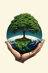 Hand Holding a Growing Tree on Earth Illustration