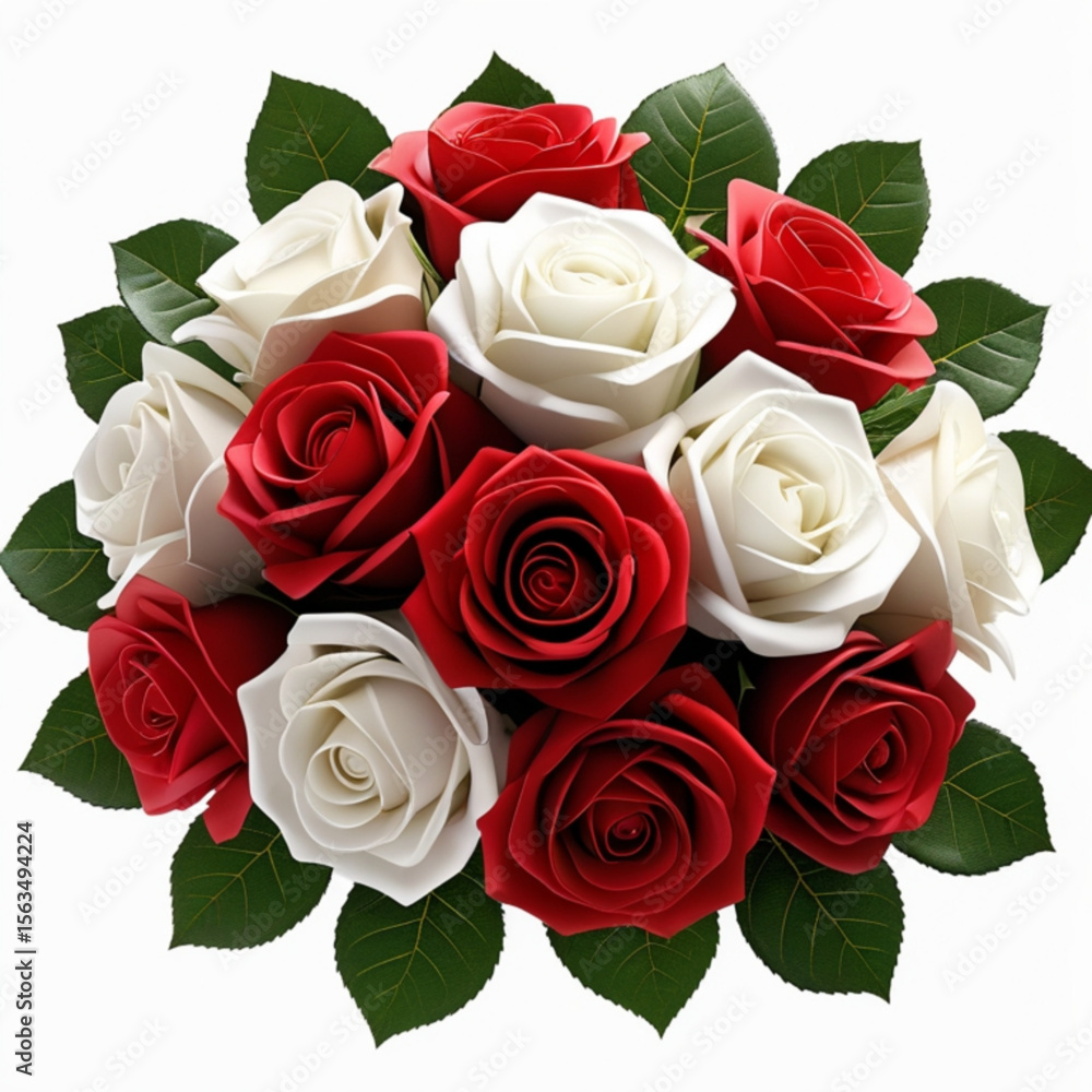 Poster a beautiful bouquet of red and white roses with green leaves arranged in a circular pattern view fro
