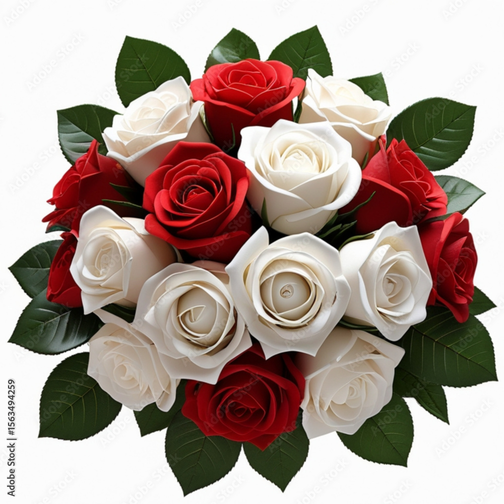 Poster a beautiful bouquet of red and white roses with green leaves arranged in a circular pattern on white