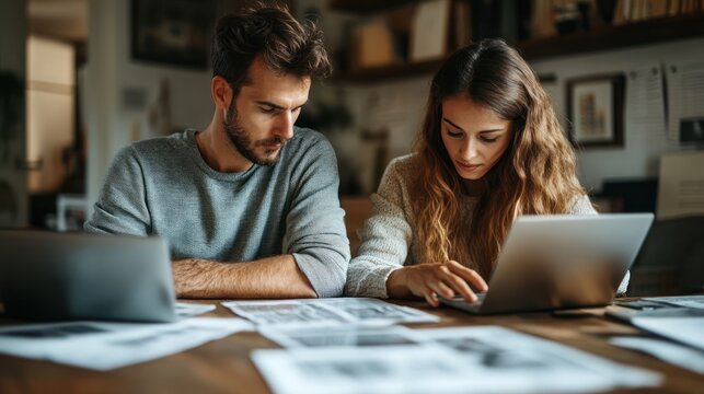 Couple collaborates on project, reviewing documents at home office, amidst bookshelves