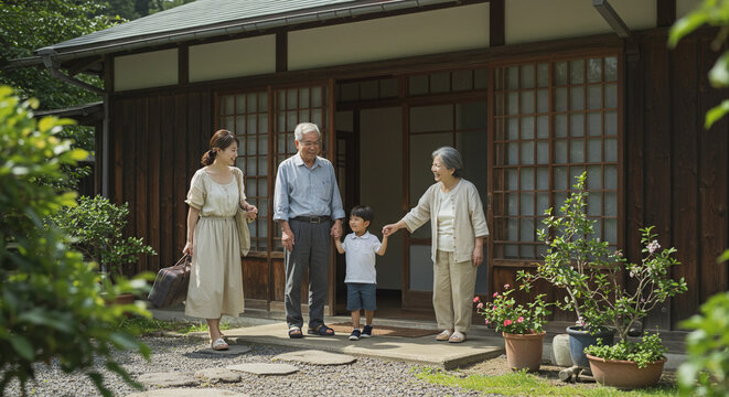田舎の実家に帰省した家族の笑顔の瞬間