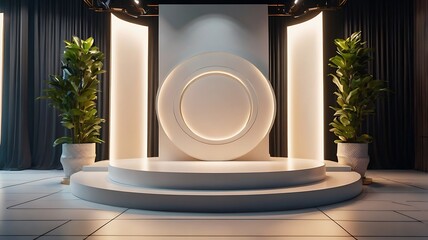 Modern Minimalist Stage Design Elegant Circular Podium with Plants and Subtle Lighting