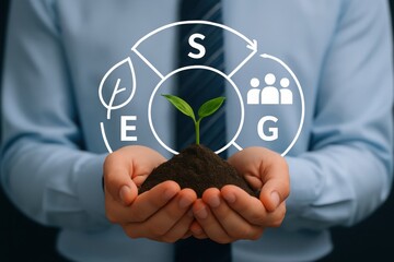A businessman holds a small plant in his hands, with an esg circle diagram floating above it