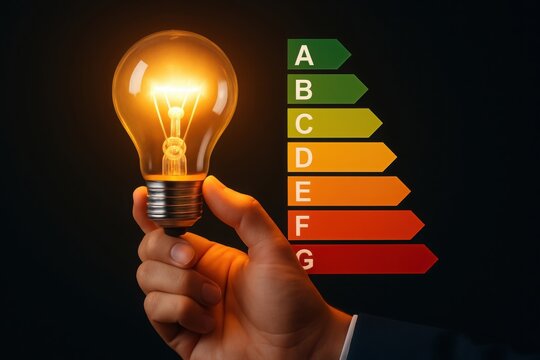 A hand holds a glowing lightbulb against a black background with an energy efficiency rating chart
