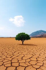 Lone Tree in Desert Landscape with Cracked Ground