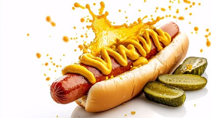 Yellow mustard splashing onto a hotdog and pickles, creating a vibrant contrast with the warm, savory ingredients, isolated on white background,