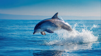Majestic Dolphin Leaping from Ocean Water under a Vivid Blue Sky