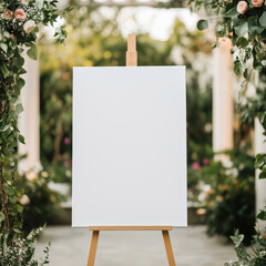 Blank white mock up sign on a wooden easel set in a lush outdoor garden with floral arches, perfect for wedding welcome signs or event seating charts