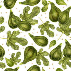 Seamless Pattern with Green Figs and Fig Leaves. Botanical seamless repeat featuring green figs and fig leaves. Hand-drawn, ideal for eco-friendly packaging, food design, or textiles