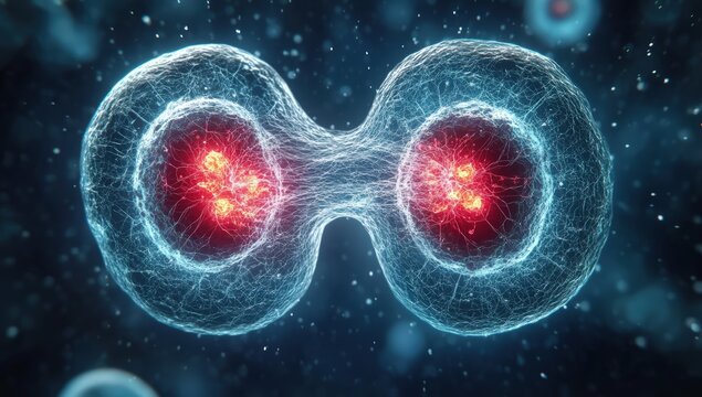 A detailed 3D illustration showing a cell undergoing mitosis, highlighting the division of the nucleus with glowing chromosomes.