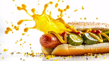 Yellow mustard splashing onto a hotdog and pickles, creating a vibrant contrast with the warm, savory ingredients, isolated on white background,