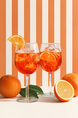 Illustration of Aperol spritz cocktails garnished with fresh orange slices served in elegant glasses against a playful striped orange-white backdrop