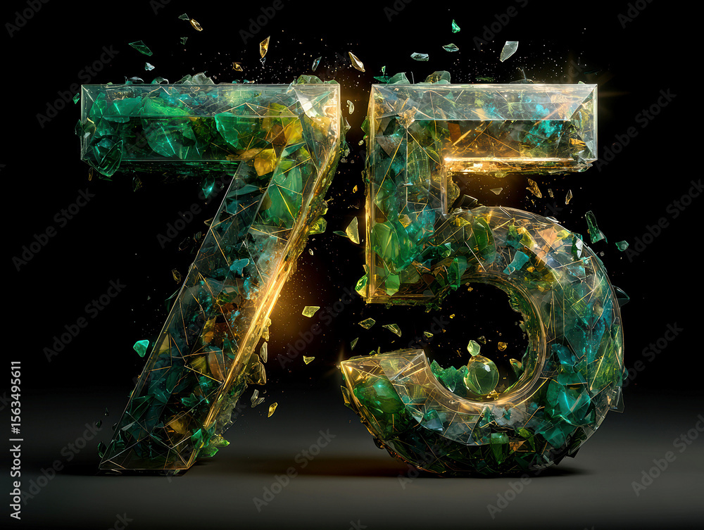 Poster abstract, vibrant 3d design of number 75 made from glowing emerald shards and digital light particle