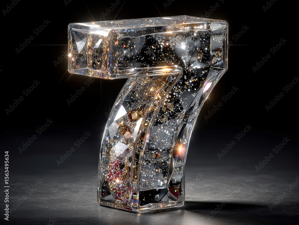 Poster transparent crystal sculpture of number 7 filled with floating glitter, set against a black backgrou