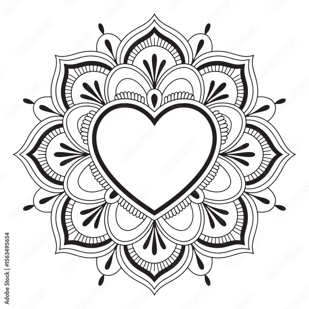 Poster heart centered mandala featuring intricate petal and scroll details in a circular symmetric design