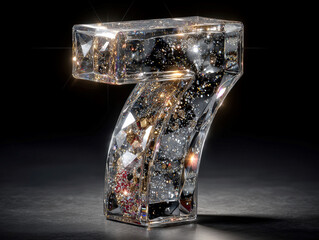 Transparent crystal sculpture of number 7 filled with floating glitter, set against a black background Sparkling gold particles embedded in the design give an impression of stars or ga - AI-Generated