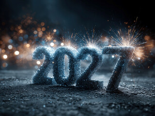 A dramatic 3D display of the year 2017 glowing in frosty blue and silver, surrounded by icy fireworks and snowflake particles against a black background, suggesting a New Years theme - AI-Generated