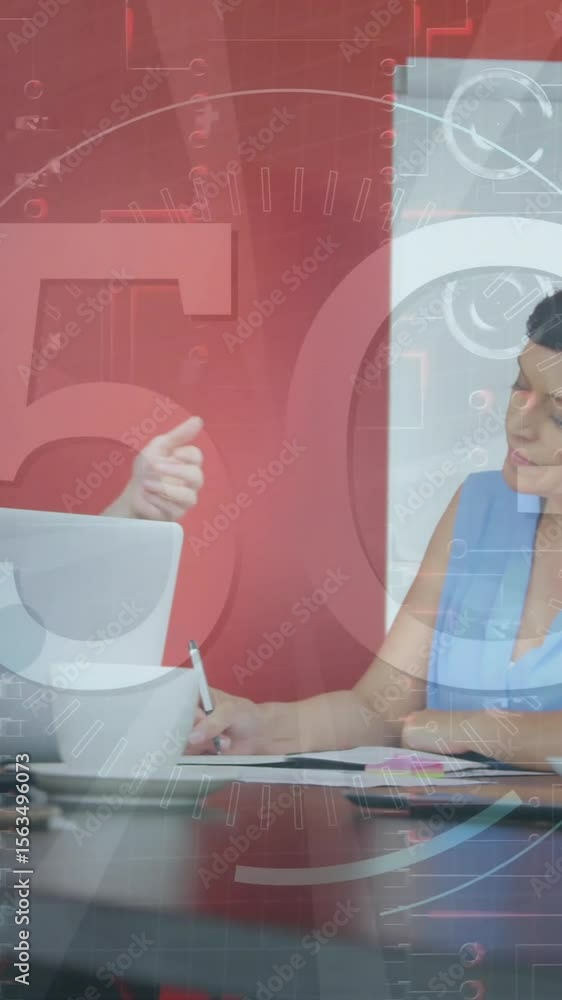 Poster animation of 5g text and data processing over diverse business people in office