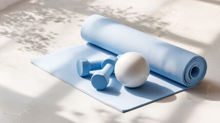 Functional training setup with yoga mat, hand weights and ball