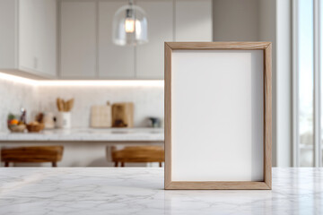 Natural wood frame with blank white space standing on a sleek kitchen island, ideal for showcasing custom prints, menu designs, or home decor concepts in a modern interior