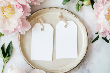 Blank mock up gift tags on a vintage tray decorated with flowers