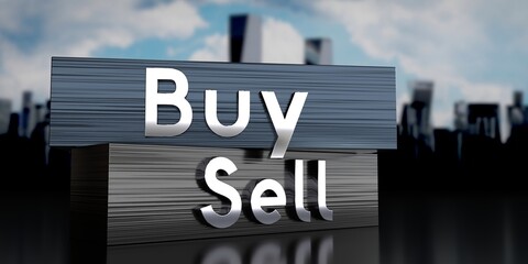Fototapeta premium Buy, sell - metal blocks and skyscrapers - 3D illustration