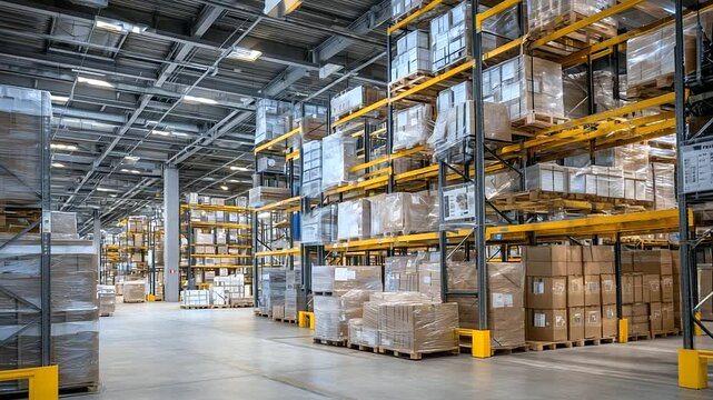High-ceilinged warehouse with orderly rows of storage racks stacked to maximum height with goods packed in cardboard boxes, pallets and crates below, conveying industrial scale log