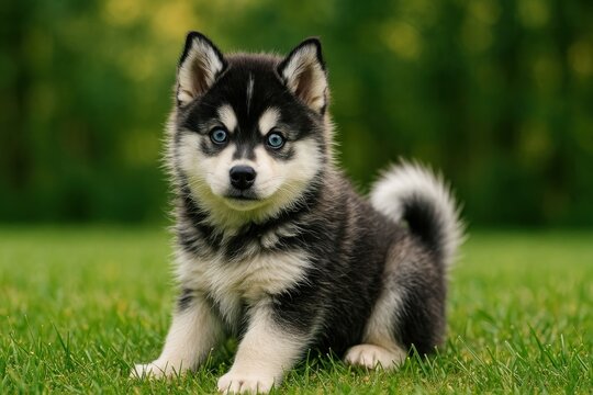 Adorable husky puppy sitting outdoors.