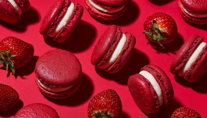 Vibrant red macarons paired with juicy strawberries create a colorful and appetizing display on a bold, red background.
