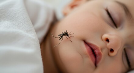 Baby sleeping peacefully with mosquito approaching, soft dreamy background