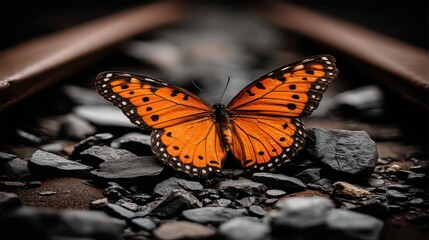 Obraz premium Orange butterfly resting on rocky ground with blurred background