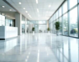 Spacious modern office lobby with marble flooring, large windows, bright lighting, and minimalistic decor creating an airy, professional environment.