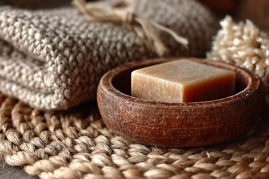 Biodegradable soap bar with dish on jute mat  
