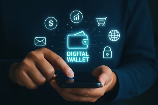 A person uses a smartphone to access their digital wallet, showcasing various financial icons