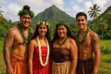 Traditional Polynesian family portrait outdoors.