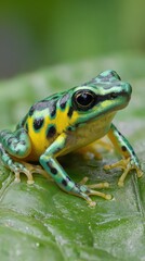 Obraz premium A poison dart frog resting on a green leaf with yellow and black markings in a close up shot view