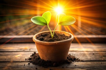 Two heartshaped sprouts emerge from the soil in a terracotta pot bathed in sunlight on a wooden surface