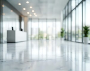 Fototapeta premium Bright, modern office lobby with marble floors, large windows, and minimalistic decor creating an open and clean professional environment.