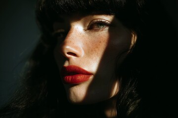 Close-up portrait of a woman with dramatic lighting, highlighting her red lips and freckles, creating a mysterious allure.
