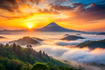 A breathtaking sunrise illuminates mount fuji, its peak piercing through a sea of clouds and fog, creating a majestic landscape