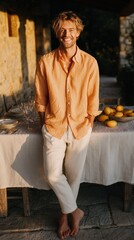 A relaxed man in casual clothes stands by a table in a sunlit outdoor setting, exuding warmth and happiness.