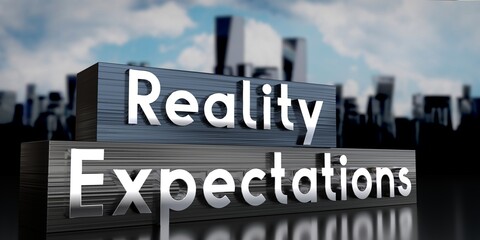 Fototapeta premium Reality, expectations - metal blocks and skyscrapers - 3D illustration